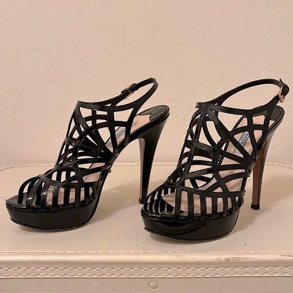Prada Black Patent Leather Caged Platform Heels - Picture 6 of 16